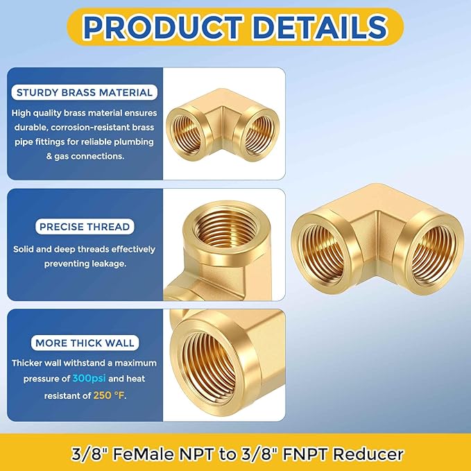 2 Pack Brass Pipe Fittings, 90 Degree 3/8" FeMale NPT to 3/8" FeMale NPT Barstock Street Elbow with Sealing Tape, Forged Pipe Fitting Connector for Air, Oil, LP
