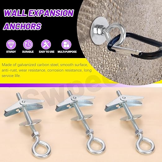 Swpeet 15 Set M6×70mm Eye Bolt Toggle Bolts and Wing Nut Kit with Hex Nuts, Washers Assortment Kit, Heavy Duty Butterfly Toggle Anchors Swag Hooks for Hanging Heavy Items on Drywall