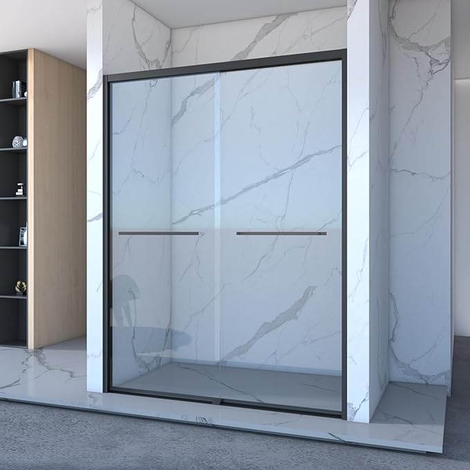 KEIKI Double Sliding Shower Door 56"-60" W x 70" H, 5/16 inch Tempered Glass Door for Walk-in Shower,Bypasss Bathroom Shower Enclosure, with Towel Bar & Mute Sliding Rollers,Matte Black Finished