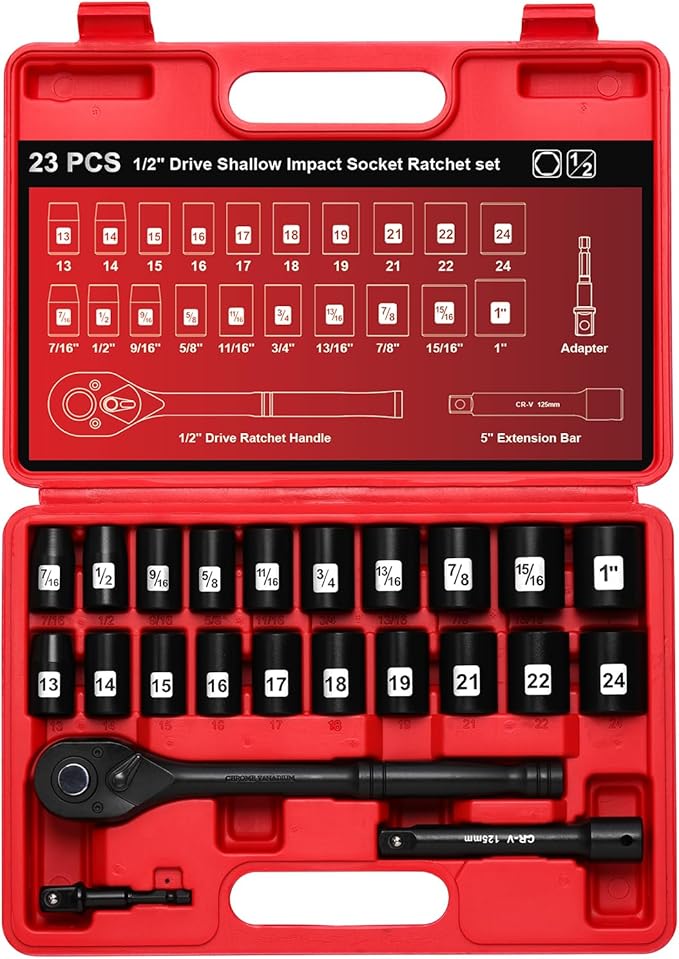 AIRTOON 1/2" Drive Impact Socket Set, 23-Piece Shallow Socket, SAE (7/16 to 1-Inch) & Metric (13-24 mm) Sizes, Ratchet Handle, Adapter, CR-V Steel