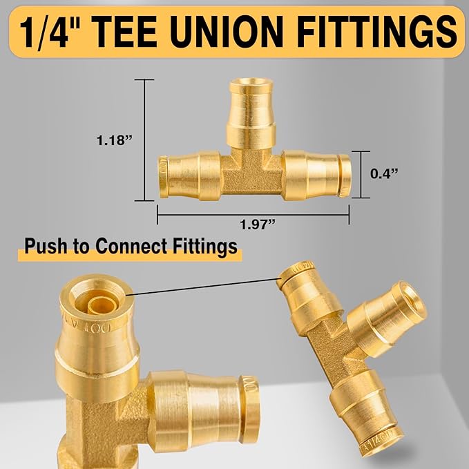 1/4" DOT Air Fittings,1/4" Tube OD Tee Union Brass Air Brake Line Fittings Push in Fitting, Push to Connect Union Fittings, for Trucks Trailers Use and Air System Industria Workshops (4 PCS)