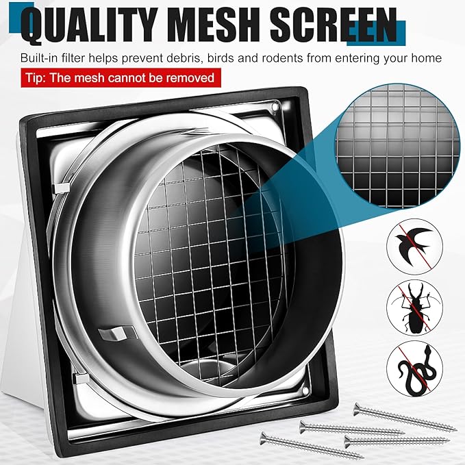 Gisafai 6" Outside Dryer Vent Cover for Exterior Walls Exhaust Vent Cap with Removable Extension Pipe Stainless Steel Hood Cushioned Non Return Flap with Sealing Gasket Grille Screen