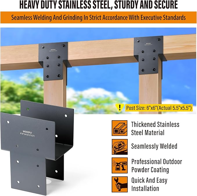2 Pack Heavy Duty 6x6 (Actual 5.5"x5.5") Stainless Steel Post Caps Tie Bracket , Fit Connecting Wood Gazebo, Deck Patio Post and Wood Beams Bracket (Dark Ggray)