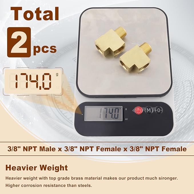 2pcs 3/8" Brass Tee Fittings 3/8" NPT Female Pipe to 3/8" NPT Male to 3/8" NPT Female Brass Barstock Street Tee Pipe Fittings 3 Way for Joining Pipe