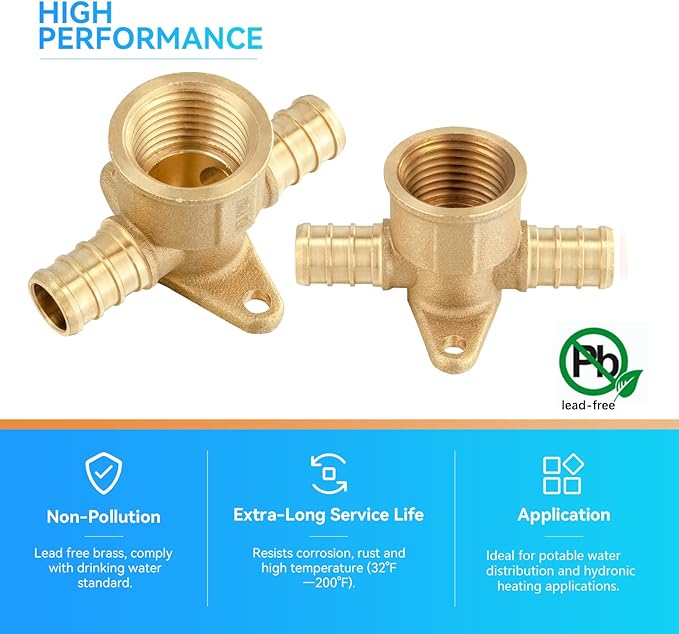 PEX Fittings, 1/2 Inch Female NPT Pex Drop Ear Tee, Brass Fittings for Pex Pipe Connect