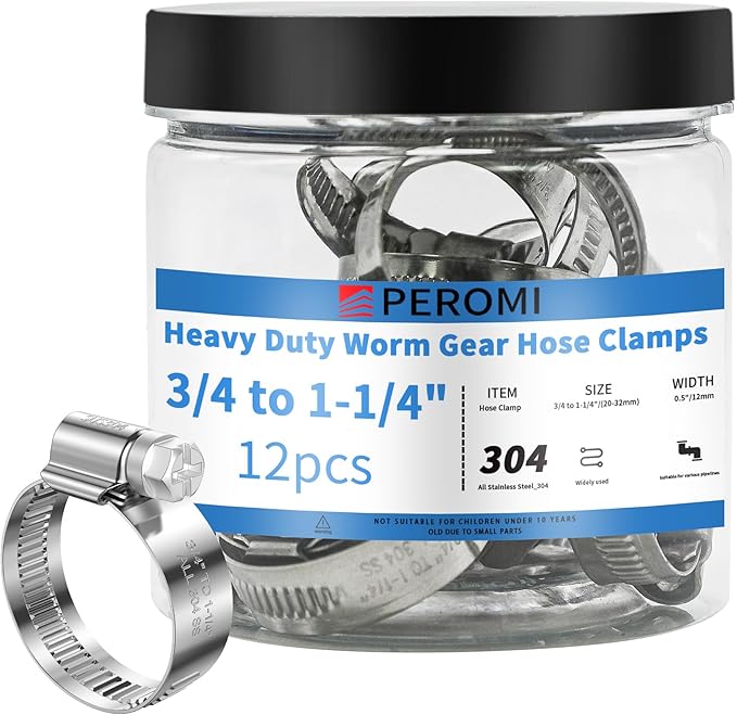12PCS Heavy Duty Hose Clamps Stainless Steel 304,3/4" Hose Clamp to 1-1/4" Hose Clamp (20-32mm) Adjustable Worm Gear Drive for Garden, Piping & Ship Applications