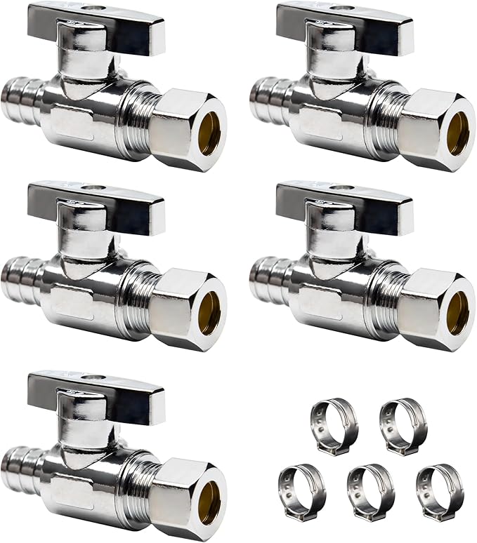 5 Pcs Straight Stop Valve,1/2"Inch x 3/8"Inch Pex Valve,Compression Straight Stop Valve,1/2 Inch Pex x 3/8 Inch Od Compression Shut Off Valve,Solid Brass,Pex