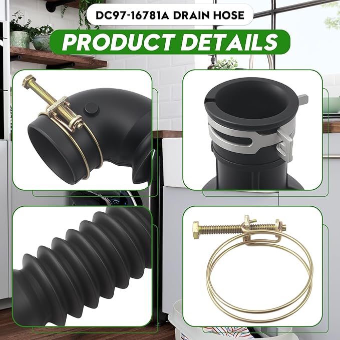 DC97-16781A Washer Drain Hose Fit for Samsung Washing Machine WA5471ABW/XAA, WA5451ANW/XAA, WA5471ABP/XAA and More, Replaces Part Number AP5325310, 2683180, and PS4221884