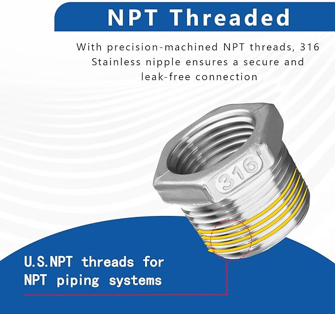 316 Stainless Steel Hex Bushing Reducer, 3/4" NPT Male to 1/4" NPT Female Pipe Fitting Adapter - Corrosion Resistant Connector for Plumbing, Hydraulic, Air, Oil & Gas Systems (3/4" to 1/4")