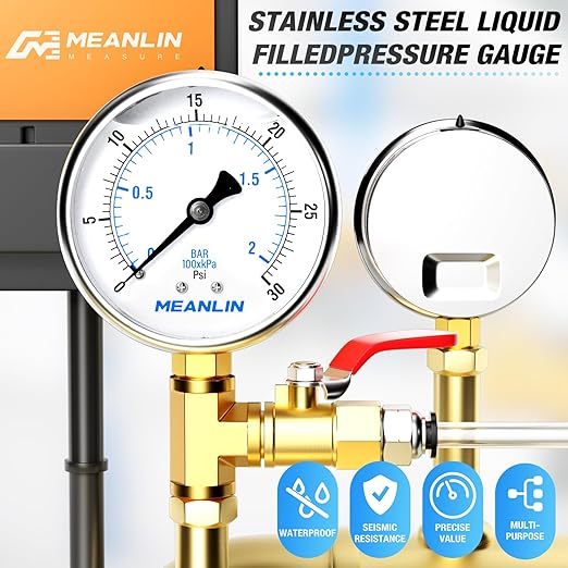 MEANLIN MEASURE 0~30Psi Stainless Steel 1/4" NPT 2.5" FACE DIAL Liquid Filled Pressure Gauge WOG Water Oil Air Lower Mount, with 1/4" x 1/2" NPT and 1/4" x 3/8" NPT Hex Bushing