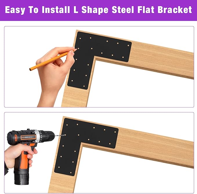 4 Pcs 13.2"x 5"L Shape Flat Bracket, Mending Plate with Black Powder-Coated Right Angle Brackets, Corner Bracket, L Shape Plate Fit 6x6,8x8 for Repair House,Furniture,Pavilion,Truss framing