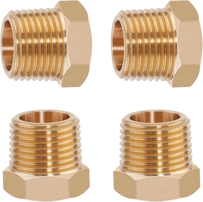 4PCS Heavy Duty Brass Reducer Hex Bushing, 1" NPT Male to 3/4" NPT Female, Threaded Reducing Pipe Fitting Adapter, 1200 PSI, Ideal for Plumbing, Fuel Lines, and Pneumatic Systems