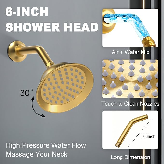 Enga Antique Shower Faucet Sets Dual Heads with 4 Body Jets, 8" + 6" Ceiling & Wall Mount Vintage Shower Head with Handheld Spray Combo, 4 Way Diverter Brass Valve, Brushed Gold