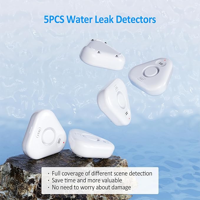 Smart Water Leak Detectors for Home WiFi with App Alerts, Stechro Ajustable 120dB Water Sensor Alarm Leak Detector for Basements Sink Kitchen Laundry, 5 Water Sensors & 1 Rechargeable Gateway