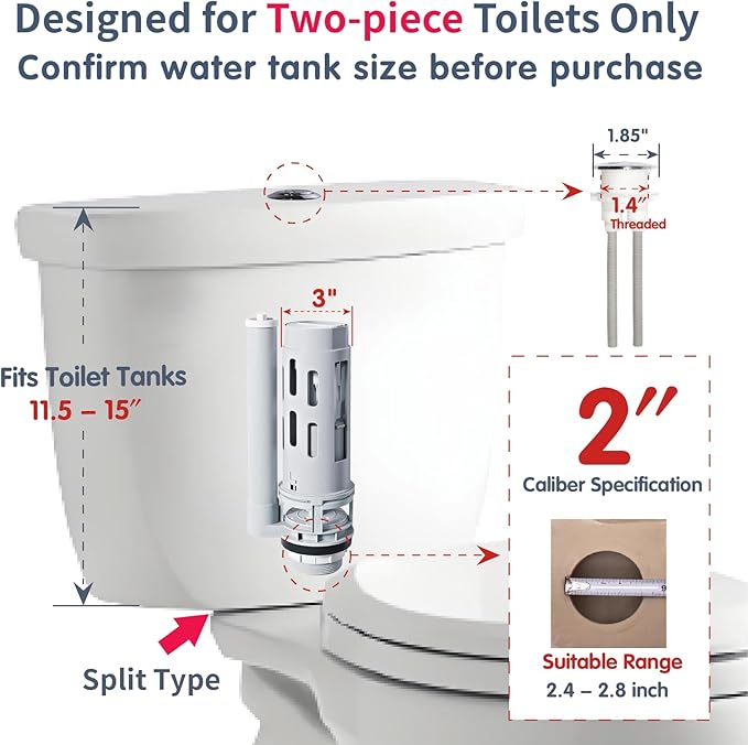 2-Inch Top Push Dual Flush Valve Repair Kit for 2-Piece Toilet Toilet Repair Kit Inside Tank Includes Flush Valve, Button & Fill Valve with Gasket & Bolts