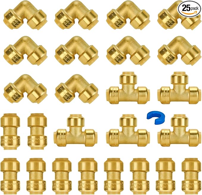 SUNGATOR Plumbing Fittings 1/2 Inch, Push Pex Fittings 1/2", 10 Each Coupling and 90 Degree Elbow, Tee (5 PCS), No Lead Brass Push to Connect Pex Pipe, Copper, CPVC, with 1 Disconnect Clip, Pack of 25