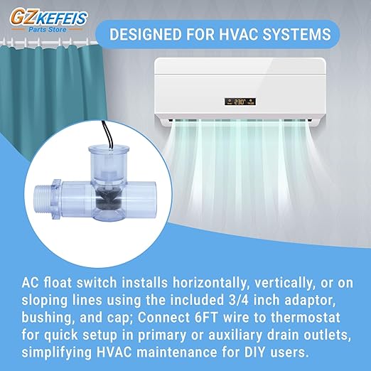 SS1 Condensate Overflow Float Switch for HVAC Systems, Upgraded Transparent Blue PVC with 3/4 Inch Adaptor and 6FT Wire