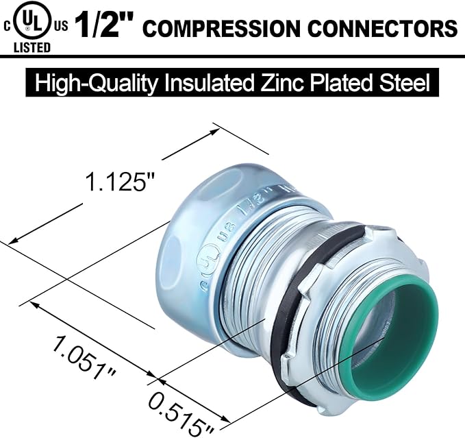 10 Pcs 1/2 Inch EMT Raintight Compression Connectors Zinc Plated Steel, Insulated Waterproof EMT Box Connector Electrical Conduit Fittings