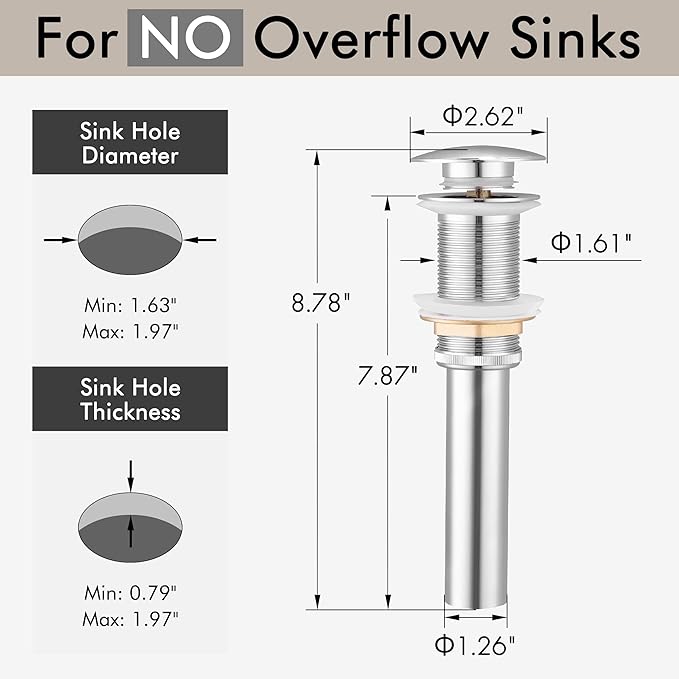 KES Bathroom Sink Drain Without Overflow Vessel Sink Lavatory Vanity Pop Up Drain Stopper Polished Chrome for 1.6"-1.9" Sink Hole, All Metal Rustproof Brass and 304 Stainless Steel, S2008D-CH