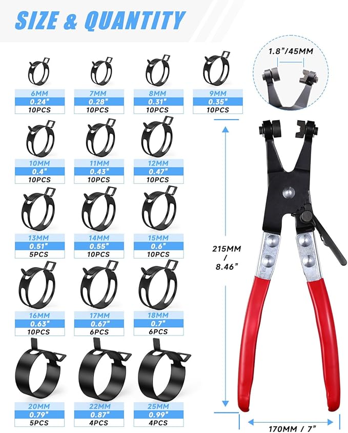 130Pcs 6-25mm Spring Hose Clamps Assortment Kit with Swivel Flat Hose Clamp Plier for Automotive, Plumbing & DIY Projects - Durable Constant Tension Steel Design for Low Pressure Air