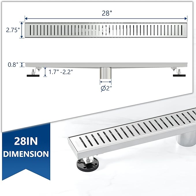 Neodrain 28" Brushed Linear Shower Drain Shower Linear Drain, Removable Capsule Pattern Grate, Bathroom 304 Stainless Steel Rectangle Shower Floor Drains- CUPC Certified