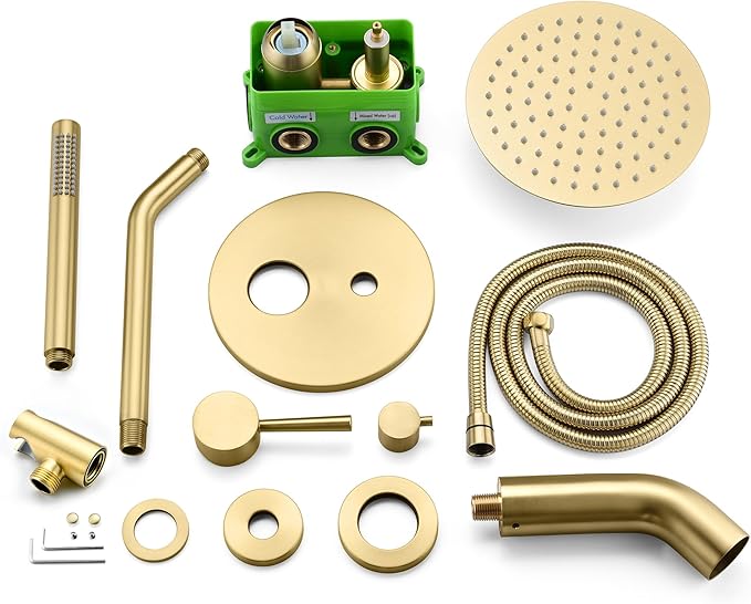 SUMERAIN Shower System with Tub Spout and Handheld Shower, Brass Rain Shower Tub Set with 8 Inches Shower Head and Rough in Valve Brushed Gold