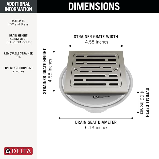 Delta Faucet 4 Inch Tile-In Square Shower Floor Drain Brushed Nickel, Shower Drain Kit, Square Shower Drain, Chrome Shower Drain, Shower Floor Drain, Stainless DT062412-SS