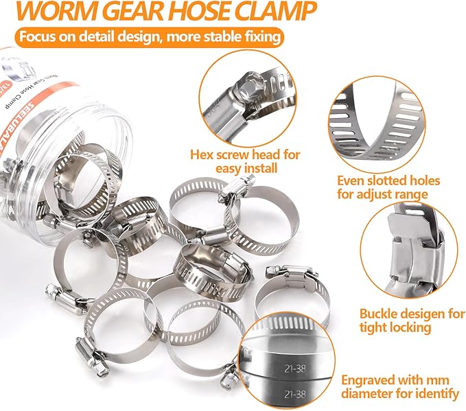 15 Pack Worm Gear Hose Clamp, Adjustable Range 13/16"-1-1/2"(21-38mm) 304 Stainless Steel Fuel Line Hose Clamps, Metal Fuel Line Hose Clamps for Plumbing,Intercooler, Pipe, Fuel Line Radiator Clamps