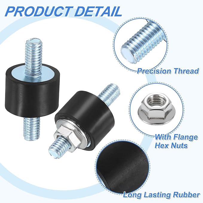 uxcell 4Pcs M5 x 10mm Rubber Mounts, 10 x 15mm Cylindrical Anti Vibration Isolator Studs Shock Absorber Double Studs with Nuts for Car Bobbin Generator Air Compressors