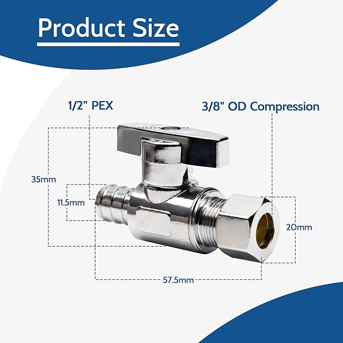 10 Pcs 1/2 Inch Pex x 3/8 Inch Od Compression Straight Stop Valve, 1/2" Pex x 3/8" OD Compression Straight Shut Off Valve, Solid Brass, Chrome