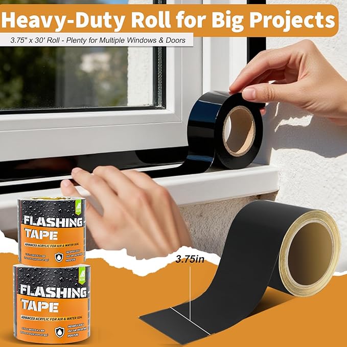 Flashing Tape for Windows and Doors, 3.75 in x 30 ft Roll, Acrylic Adhesive, Black Self-Adhesive Flashing Tape, Waterproof, UV Resistant, Great for Sealing Doors, Windows, and Construction & Repairs