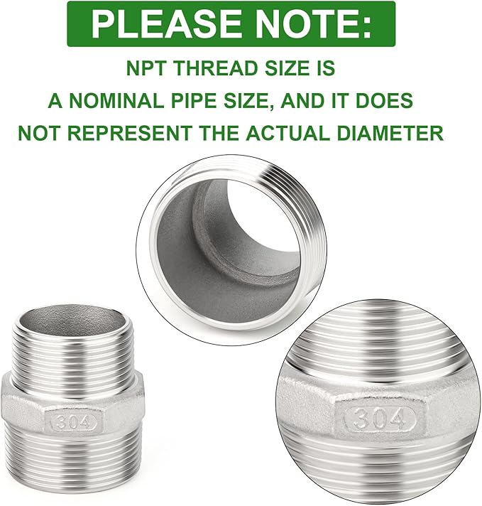 TAISHER 2PCS Cast 304 Stainless Steel Hex Nipple, Reducer Pipe Fitting 1-1/2" NPT Male x 1-1/4" NPT Male
