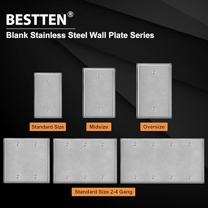 [2 Pack] BESTTEN 3-Gang Metal Blank Wall Plate with Ｗhite or Clear Plastic Film, Anti-Corrosion No Device Stainless Steel Outlet Cover, Standard Size, H4.53” x W6.38”, Brushed Finish