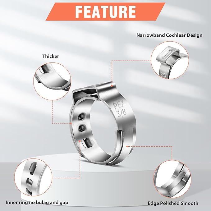 60pcs 3/8 inch PEX Cinch Clamps Rings, 304 Stainless Steel Single Ear Hose Clamps, Pex Crimp Rings for PEX Tubing Pipe Fitting Connections