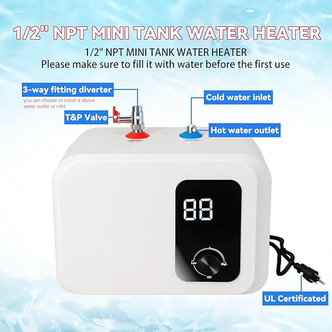 2.5 Gallon Mini Tank Water Heater, 110V-120V 1500W Electric Hot Water Tank with Safety Valve, 1/2" NPT, Compact Under Sink Water Heater for Bathroom, RV, Camper, Kitchen (White)