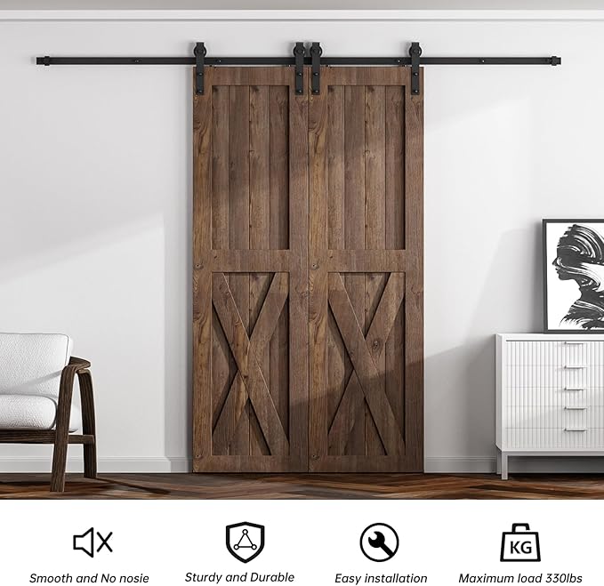 4FT Sliding Barn Door Hardware Kit for Double Door, Sliding Door Track, Easy to Install, Smoothly and Quietly, Fit 1.18-1.96" Thicknesses Fit Double 12" Wide Door(J Shape Hanger)