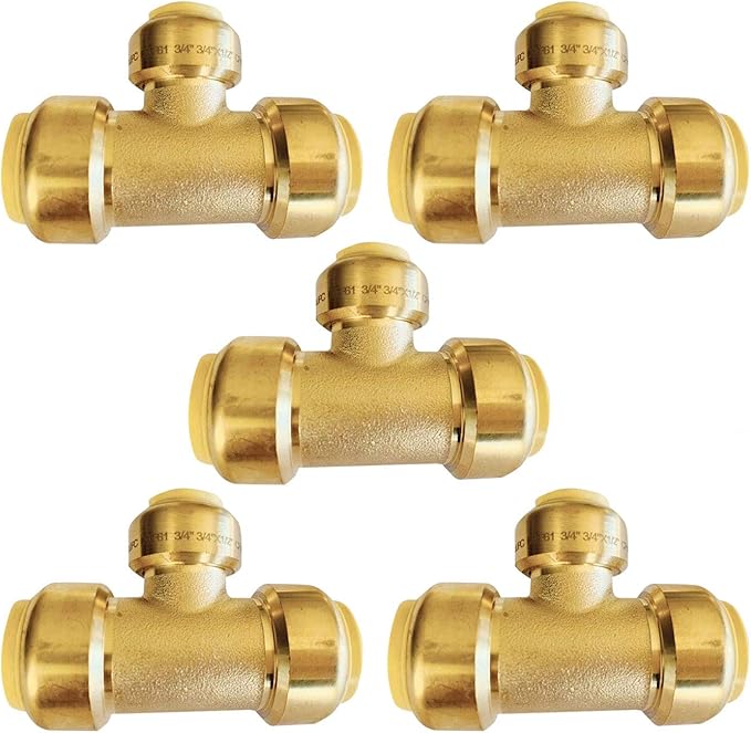 (Pack of 5) EFIELD 3/4"x 3/4" x1/2" Tee Push-Fit Fitting to Connect Pex, Copper, CPVC With 2 Sizes Disconnect Clips,(PF127-5PCS)