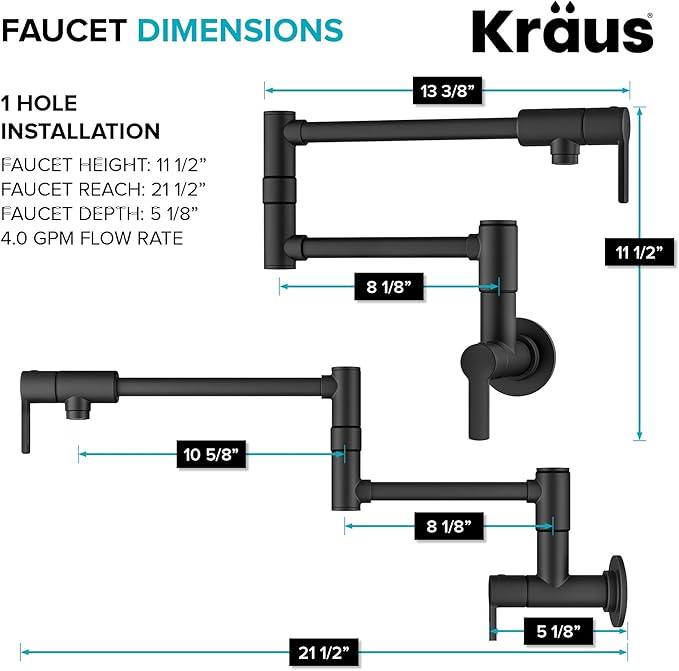 KRAUS Oletto Pot Filler Faucet with Retractable Arm, Wall Mount Kitchen Faucet, Pot Filler for Stove in Matte Black, KPF-5001MB