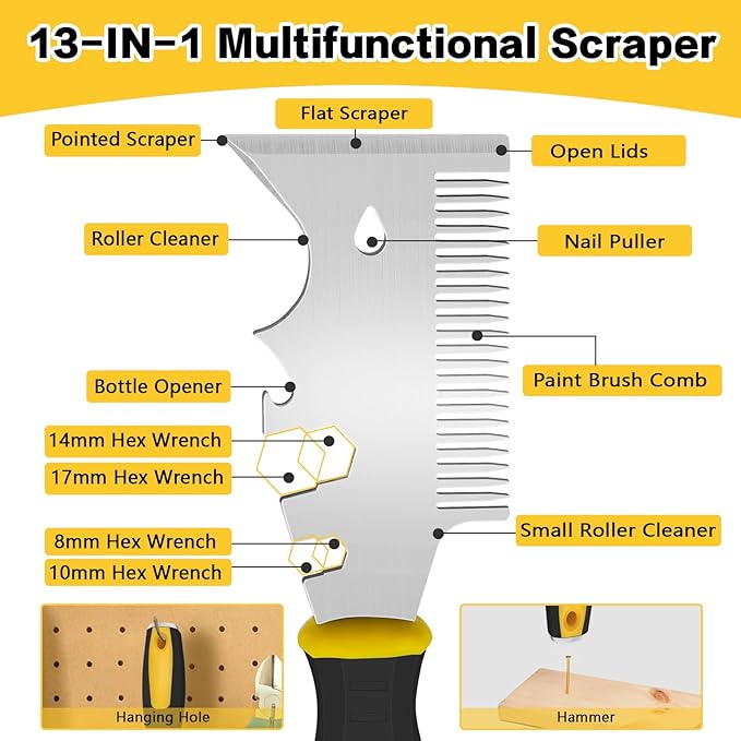 DEKEones 13-In-1 Paint Scraper Tool, Stainless Steel Painters Tool, Heavy Duty Paint Brush Cleaner Tool and Roller Cleaning Tool