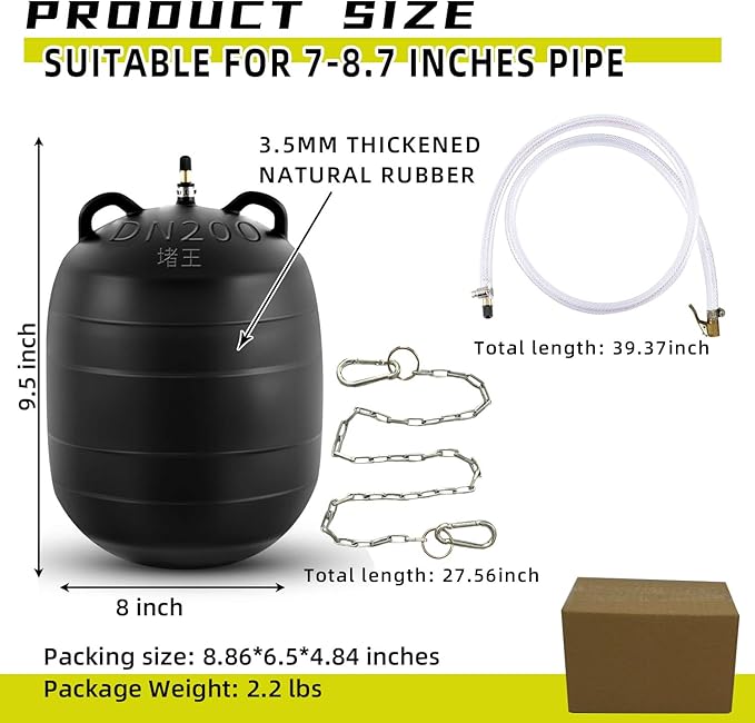 Test-Ball Pipeline Plugging Air Bag,Sewer Test Plug，Water Shut Off Airbag, Rubber Plumbing Balloon，Inflatable Pipe Test Plug，Used for Drainage Pipe, Sewage Pipe Temporary Water Blocking (8 Inchs)