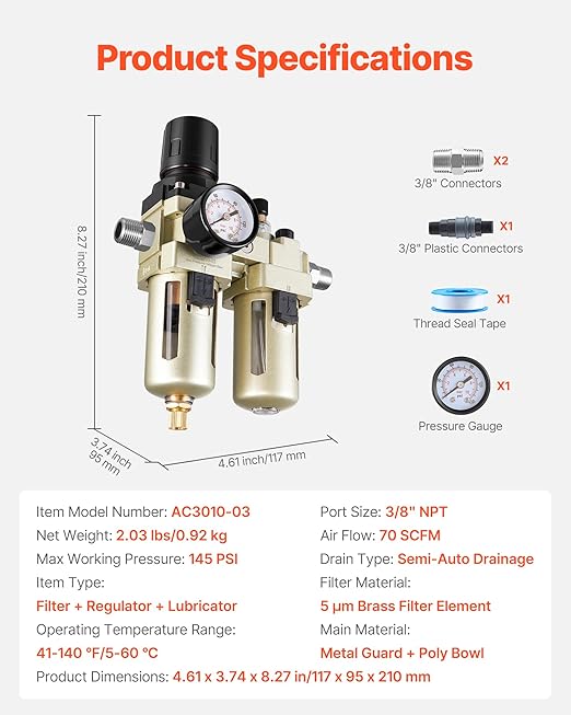 VEVOR Air Compressor Filter Regulator Lubricator (FRL), 3/8" NPT Air Compressor Water Separator, Semi-Auto Drain Air-Drying System with 5μm Brass Filter Element, 145PSI Max Working Pressure, Poly Bowl