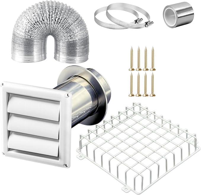 Dryer Vent Kit 4 Inch with Metal Bird Guard, Wall Sleeve & Wall Plate, Hose Connector Wall Venting Kit for Cloth Dryer AC Ventilation Exhaust Fan Ceiling Fan, Low Profile, White