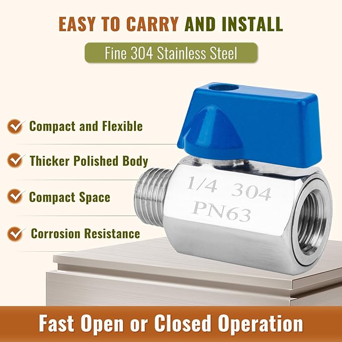 2 Pack 1/4" Mini Ball Valve, 304 Stainless Steel Valve NPT Female x Male Thread Shut-Off Valves for Small Compact Space (2, 1/4 Inch)