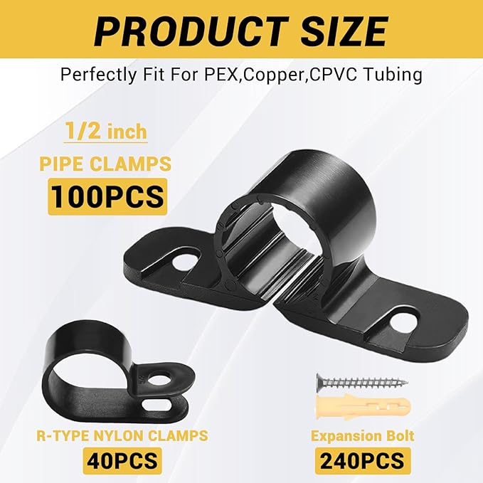 Total 380PCS Pex Support Pipe Supports Sets,Pex Hanger 100 Pack 1/2 Inch,R-Type Nylon Clamps 40 Pack with 240 pcs Screws for Pex, Copper, CPVC