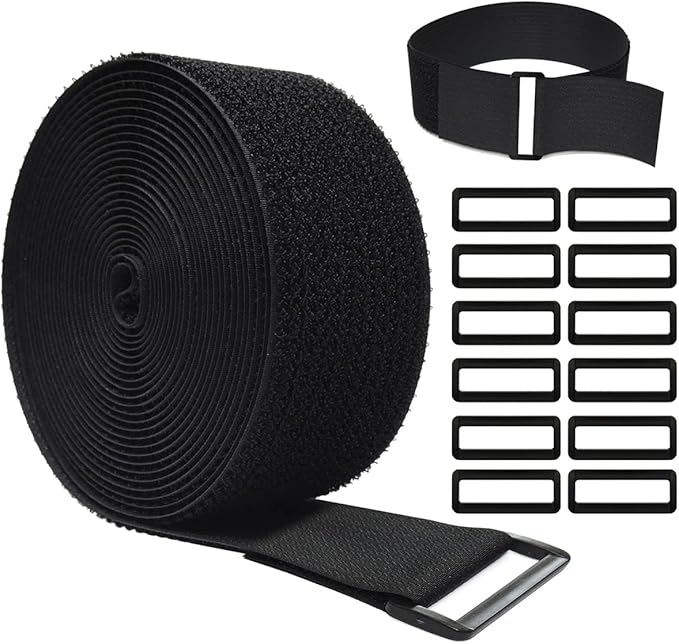 16Ft x 2In Adjustable Cable Straps with 12 Buckles, Free Cut Length, Black Reusable Fastening Cable Ties, Hook and Loop Securing Strap for Cable Tidy, Wire Management, Cord Organiser, Black