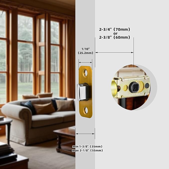 Antique Brass Adjustable Door Latch 60 or 70mm, 45° Turning Angle, Door Lock Replacement Parts with Door Strike Plate, Wood Dowel, Dust-Boxes