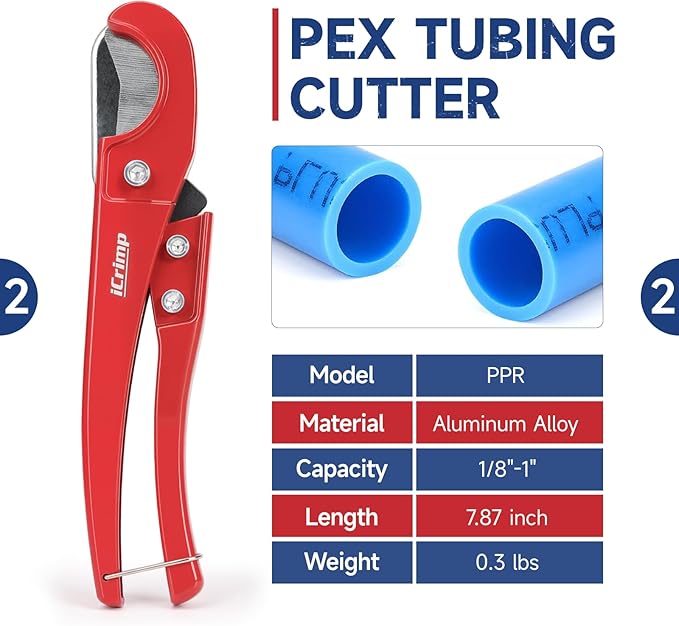 iCrimp KIT-BJ02 PEX Crimping Tool Kit with PEX Clamps, PEX Pipe Cutter, One-Handed PEX Clamp Tool for Cinching 3/8-in, 1/2-in, 3/4-in, 1-in PEX Clamp