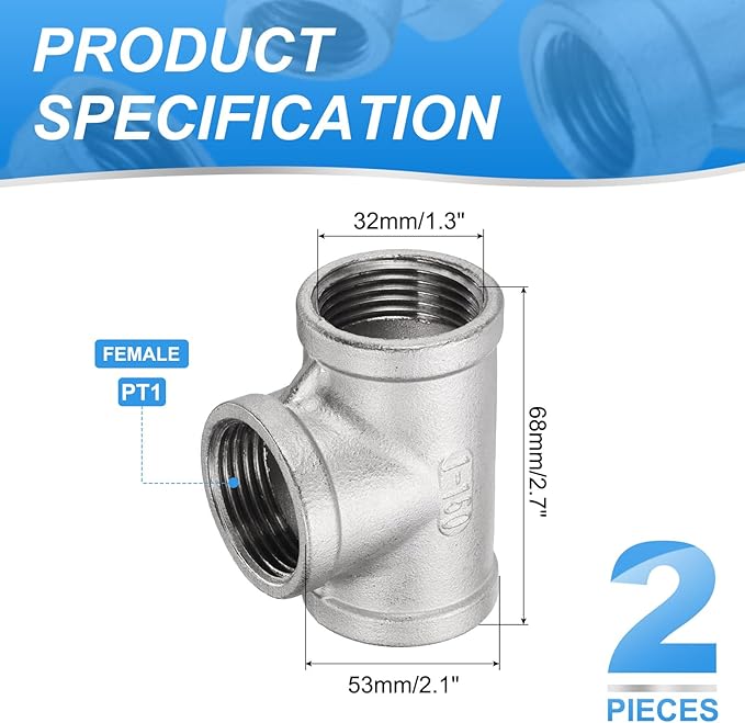 uxcell 2 Pcs 304 Stainless Steel Tee Pipe Fittings G1" Female Tee Adapter 3 Way t Shaped Cast Pipe Fitting Connector with Seal Tape for Plumbing Drainage Pipes Heating Systems