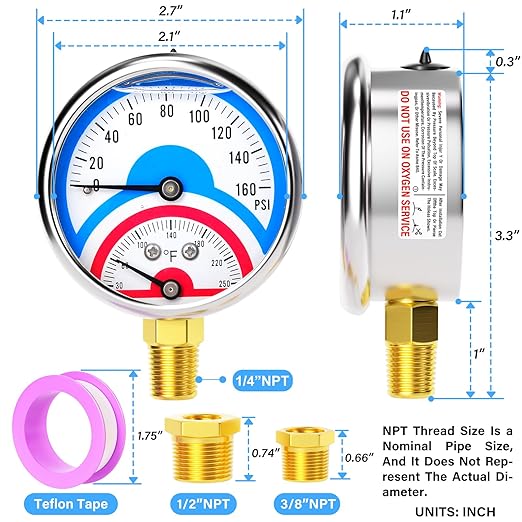 MEANLIN MEASURE 0-160Psi Stainless Steel Thermal Pressure Gauge 30-250℉ 1/4" NPT 2.5" FACE DIAL Liquid Filled Pressure Gauge, with 1/2" NPT and 3/8" NPT Hex Bushing, Lower Mount