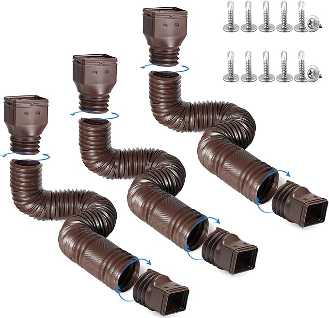 Rain Gutter Downspout Extensions, Flexible Downspout Extender for Rain Water Drainage, Down Spout Drain Extension Extendable from 21 to 68 Inches(3 Pack, Brown)